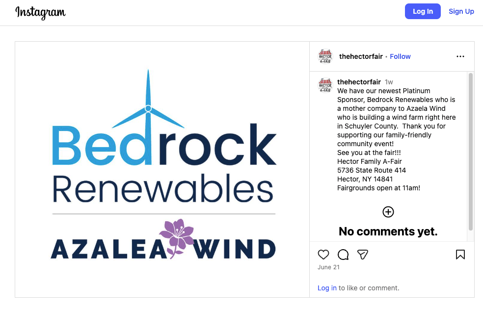Screenshot of a public Hector Family A-Fair Instagram post listing Bedrock Renewables and Azalea Wind as a Platinum Sponsor.